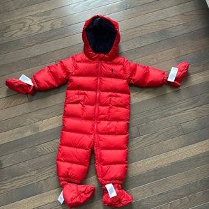 Ralph Lauren red snow suit with hood and footies. Never Been Worn.